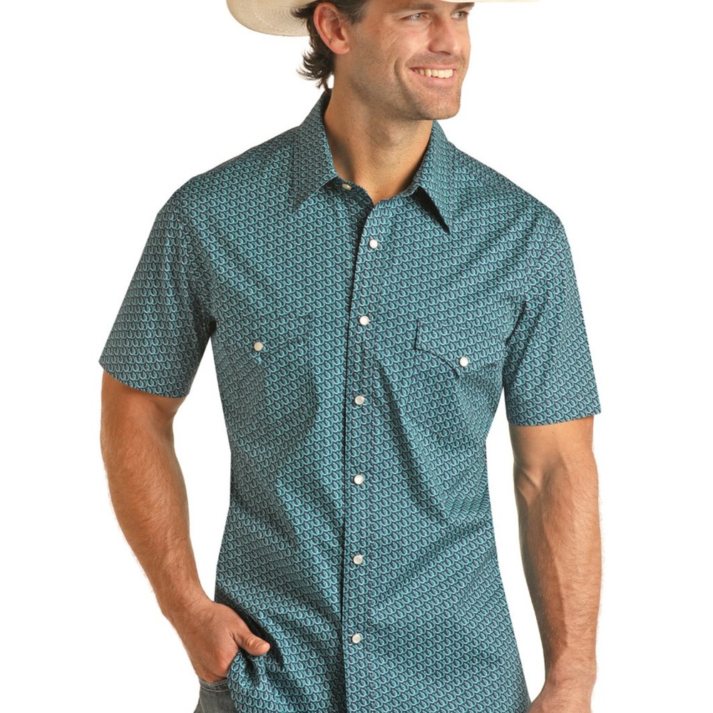 Wrangler Wrancher Western Shirt Mens Green White Cotton Classic Pearl Snap
